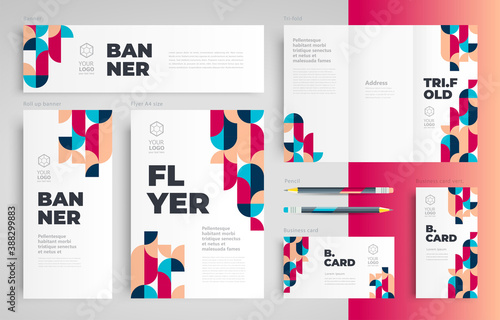 Minimal geometric Set identity flyer cover, tri-fold, banner, roll up banner, business card