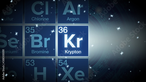 Close up of the Krypton symbol in the periodic table, tech space environment.