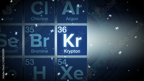 Close up of the Krypton symbol in the periodic table, tech space environment. photo
