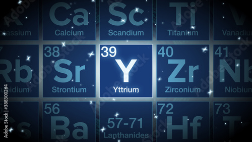 Close up of the Yttrium symbol in the periodic table, tech space environment.