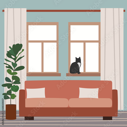 Living room interrior with couch and windows. Vector illustration.