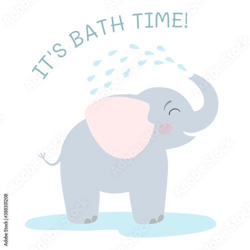 It's bath time! Cute baby elephant playing with water. Vector illustration.
