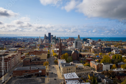 Downtown Buffalo New York during fall with Lake Erie in the background, Aerial Drone photo