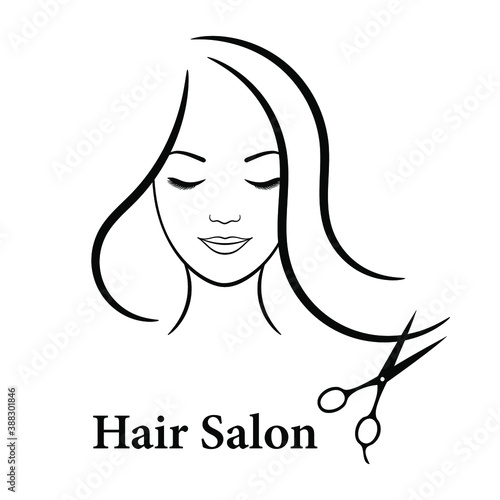 Contour logo for beauty salon. Woman with closed eyes, long hair and scissors. Vector illustration.
