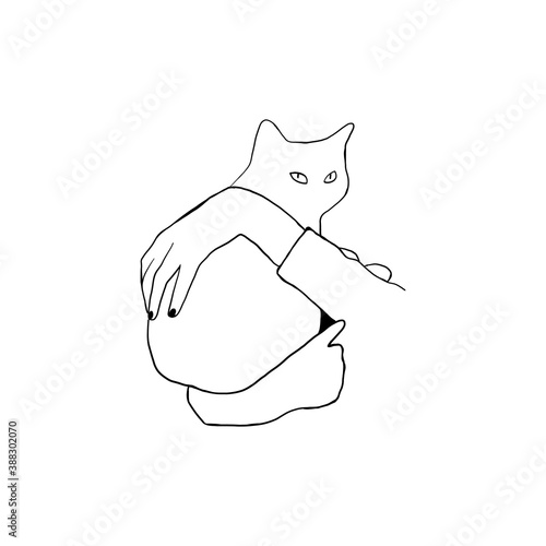 One line cat design silhouette. female hands holding a cat. hand drawn minimalism style vector illustration