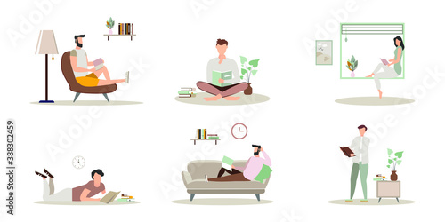 Collection of people reading or students studying and preparing for examination. Set of book lovers, readers, modern literature fans isolated on white background. Flat cartoon vector illustration.