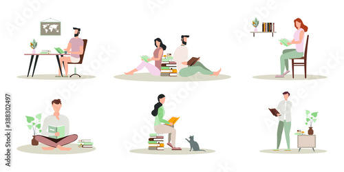 Collection of people reading or students studying and preparing for examination. Set of book lovers, readers, modern literature fans isolated on white background. Flat cartoon vector illustration.
