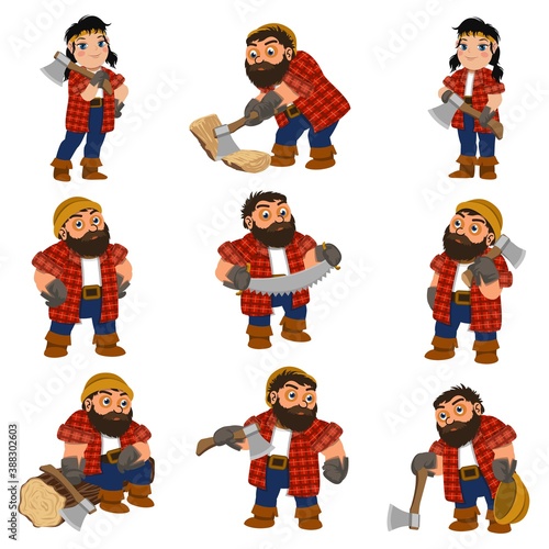 Lumberjack icons set. Cartoon set of lumberjack vector icons for web design