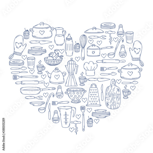 Cooking kitchen doodle line icons vector set