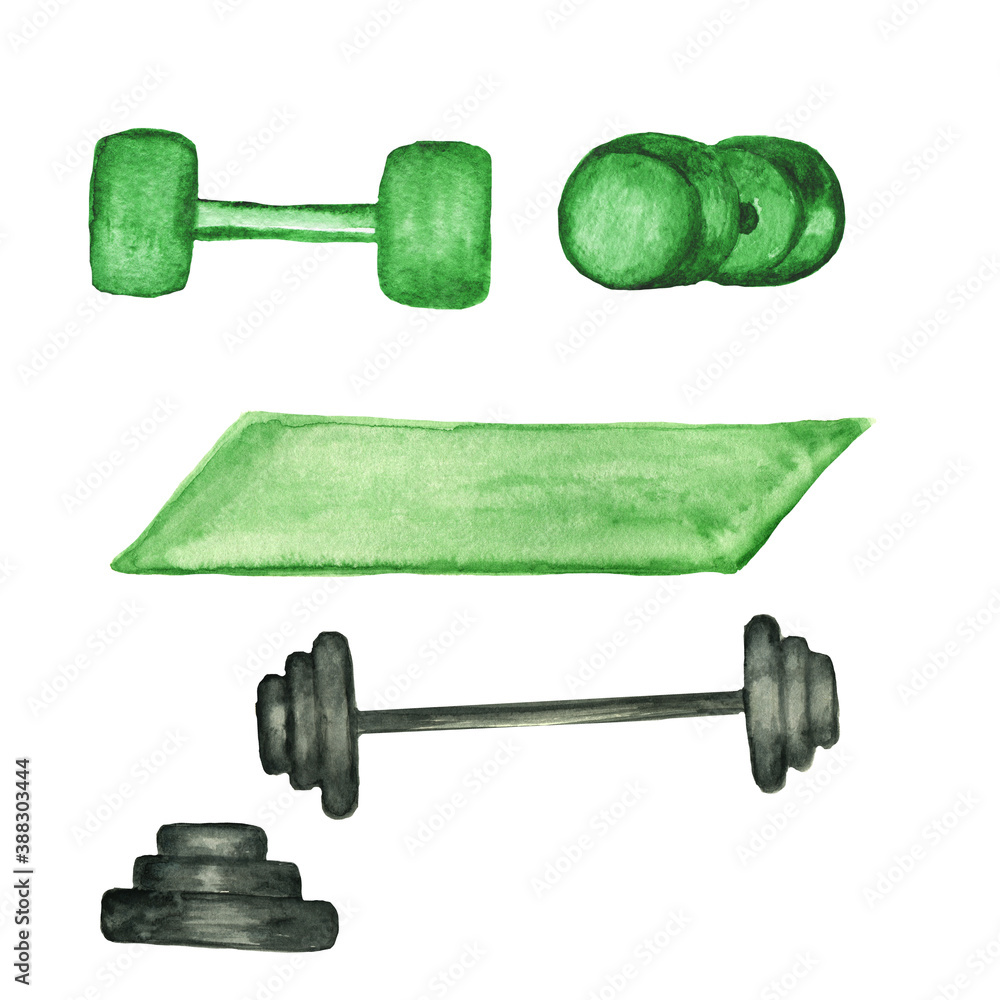 Sports watercolor clipart.Fitness and training watercolor clipart