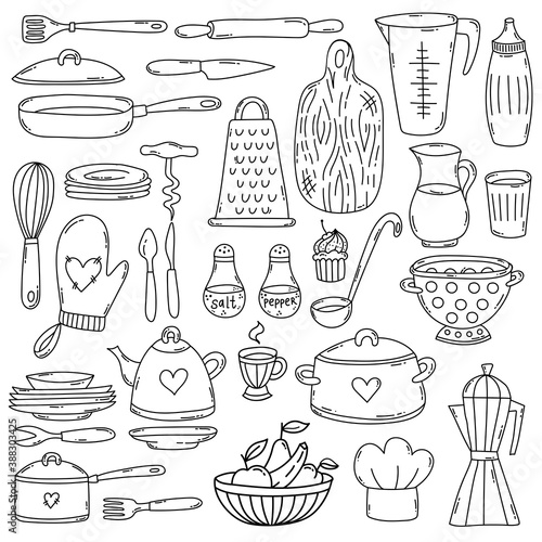 Kitchen cooking equipment food doodle vectoricons set photo