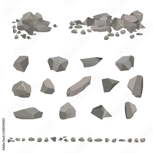 Set of gray granite stones of different shapes. Element of nature, mountains, rocks, caves. Minerals, boulder and cobble. Vector illustration on white isolated background