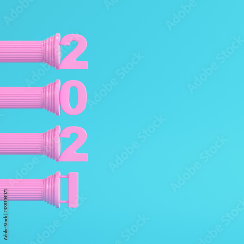 Pink 2021 figures on ancient column on bright blue background in pastel colors