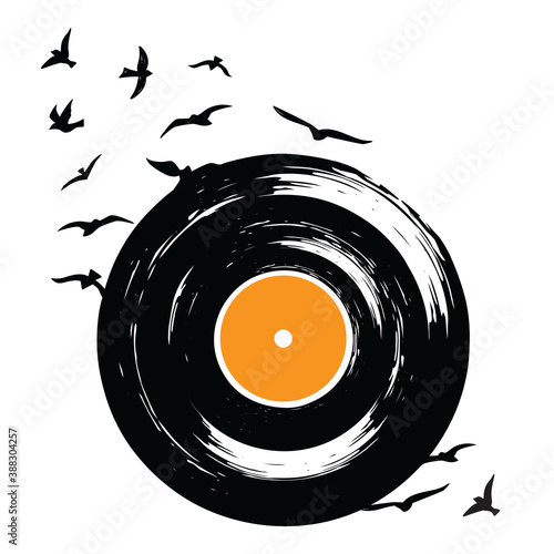 Retro vinyl record with flying birds 
silhouette drawn in grunge, sketch style, vector illustration