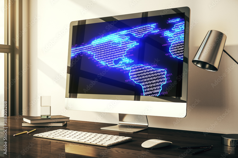 Computer monitor with digital America map, global technology concept. 3D Rendering Computer monitor with digital America map, global technology concept. 3D Rendering