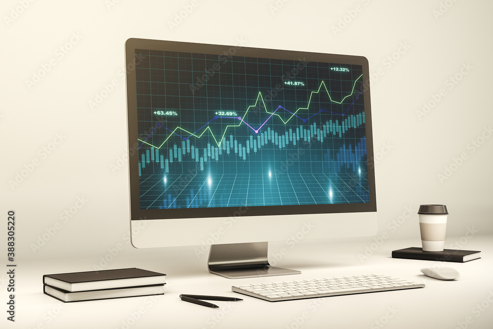 Modern computer display with abstract financial graph, financial and trading concept. 3D Rendering Modern computer display with abstract financial graph, financial and trading concept. 3D Rendering