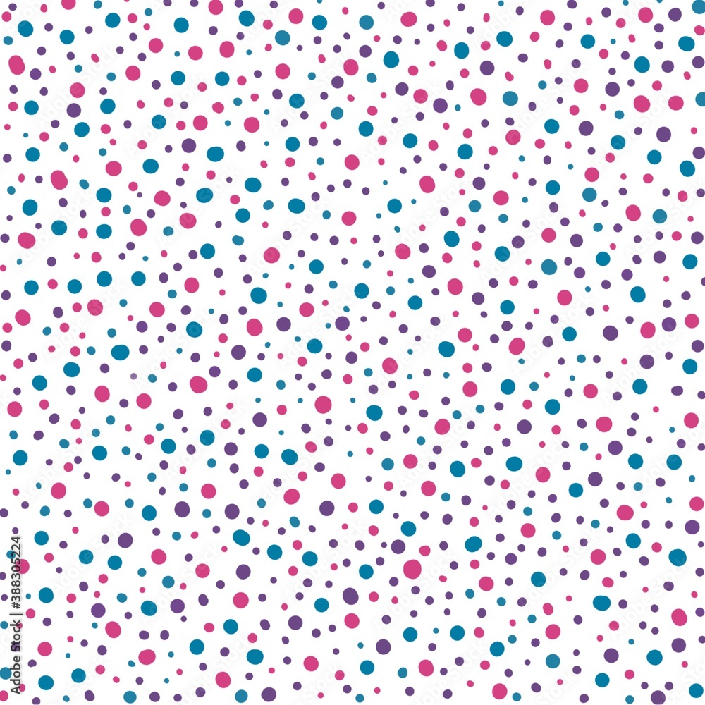 Pink, purple and blue dots of different sizes on a white background abstract pattern. Pink, purple and blue dots of different sizes on a white background abstract pattern.
