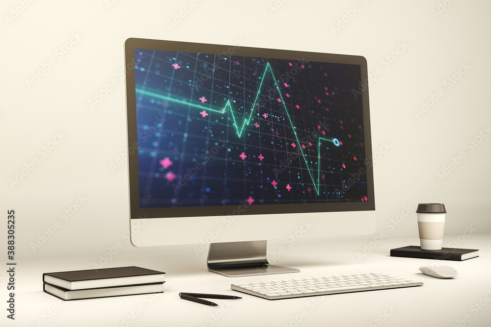 Modern computer monitor with creative abstract heart rate hologram. Healthcare technolody concept. 3D Rendering Modern computer monitor with creative abstract heart rate hologram. Healthcare technolody concept. 3D Rendering