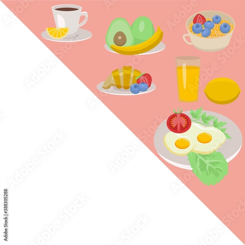 healthy breakfast. Breakfast dishes with meth for text. Menu template.