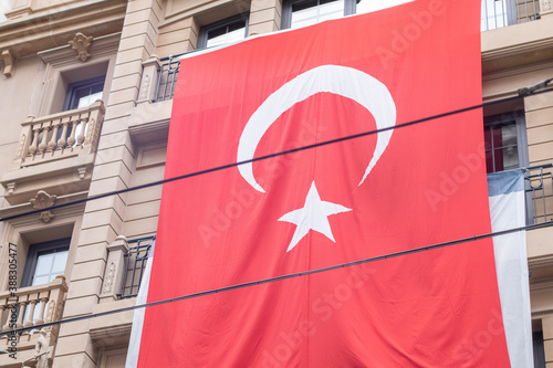 Large Turkey flag on a building in the city center on Istanbul