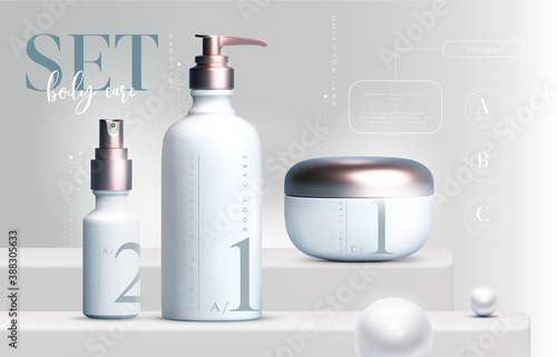 Elegant cosmetic set of products background, premium cream jar for skin care products. Luxury facial cream. Cosmetic ads flyer or banner design. Blue cosmetic cream template. Makeup products brand.