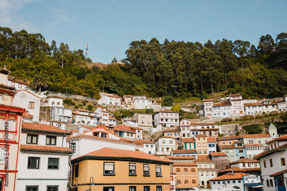Cityscape of Cudillero village, in the north of Spain. Cudillero is a charming village in Asturias, placed on a hill of the Atlantic coastline, with picturesque architecture