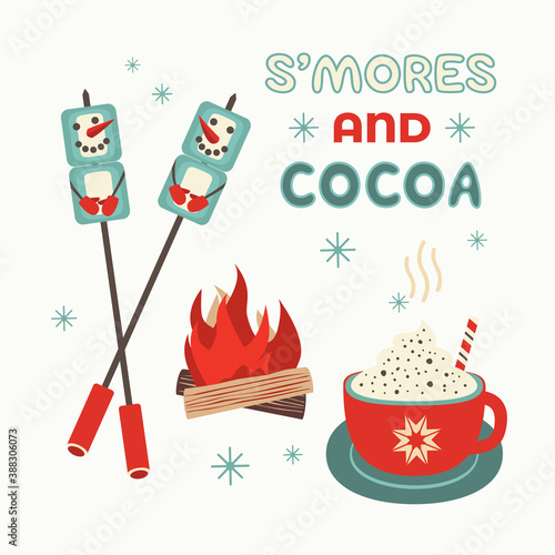 Warm cozy smores and cocoa welcome sign vector