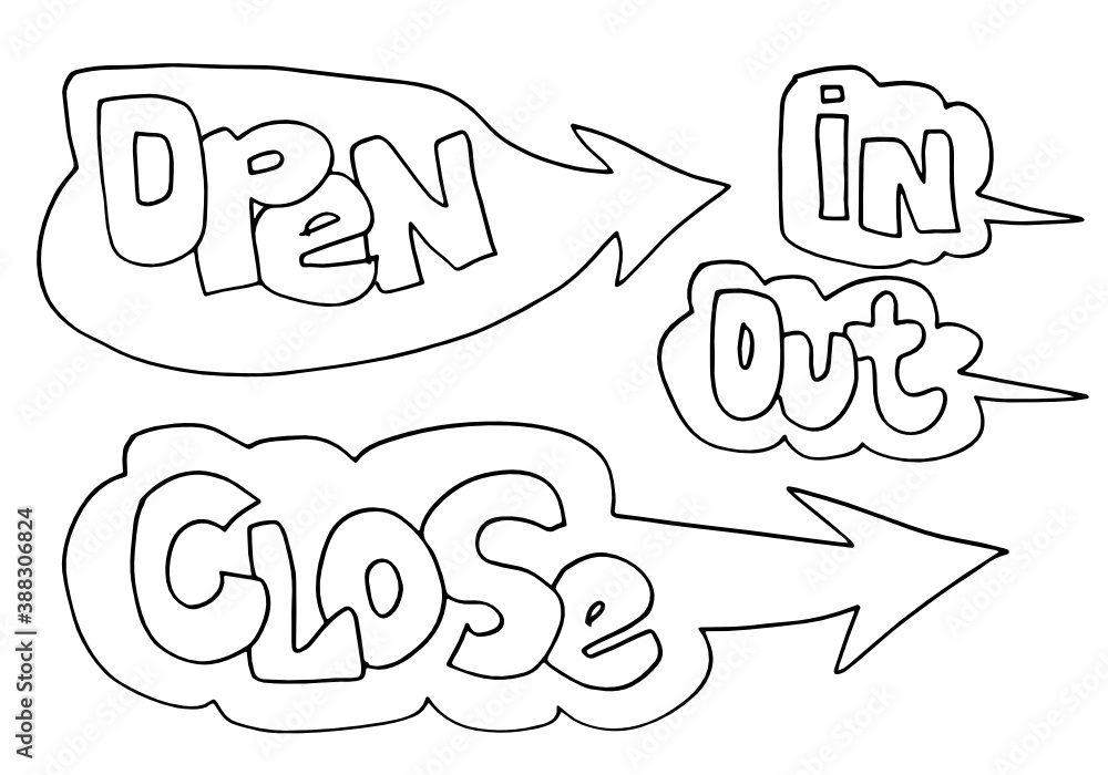 Handdrawn arrows, borders set with handwritten text:open,close,in,out. Vector icon.