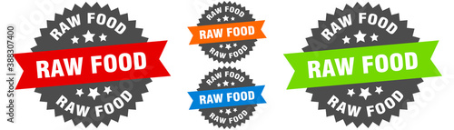 raw food sign. round ribbon label set. Seal