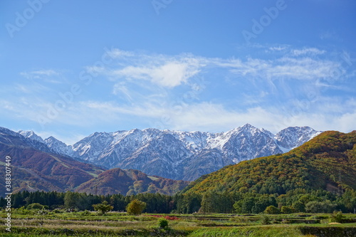 Autumn colorful foliage. mountains have 3 different colors made by nature, white, red, green. 