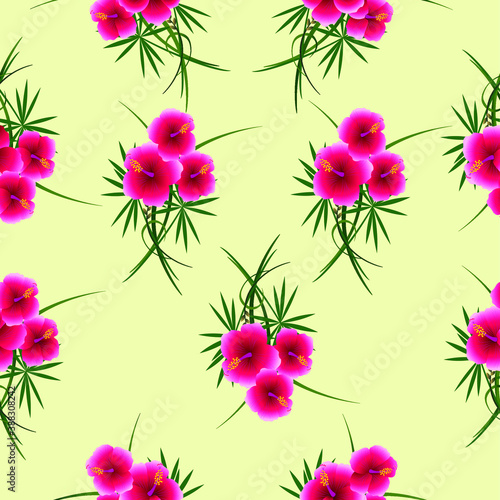 Seamless pattern of hibiscus flowers, on a yellow background. © zxczxc80
