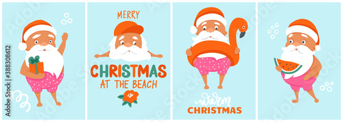 Summer Santa's greeting cards collection. Vector illustration. Tropical Christmas and Happy New Year in a warm climate design. Cute vector Santa Claus posters