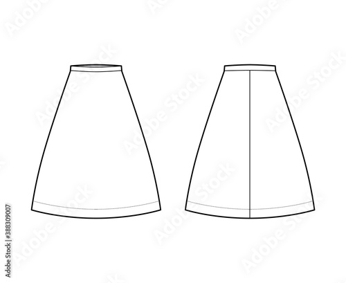 Skirt A-line fullness technical fashion illustration with knee lengths, straight, thin waistband. Flat bottom apparel template front, back, white color style. Women, men, unisex CAD mockup
