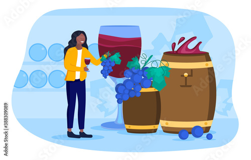 Wine tasting concept. A girl standing in a wine cellar with wine barrels and tasting wine. Flat cartoon vector illustration with fictional characters.