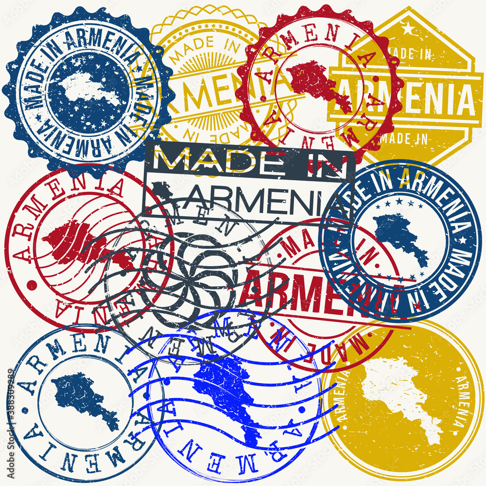 Fototapeta premium Armenia Set of Stamps. Travel Passport Stamp. Made In Product. Design Seals Old Style Insignia. Icon Clip Art Vector.