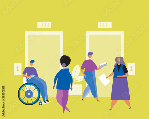 Office people of different ethnicities at the elevator as a concept of a multicultural society, black workers, flat vector stock illustration with african american, men, women, people