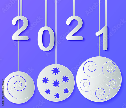 happy new year to 2021. paper patterns of figures and Christmas balls. vector graphics