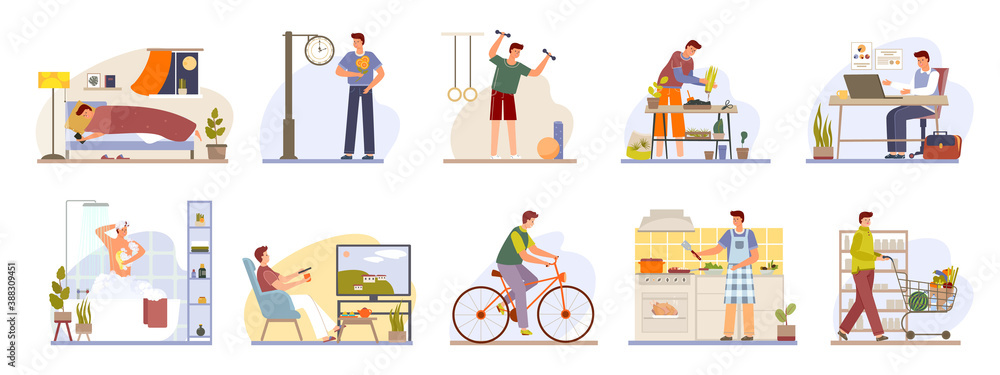Man daily routine icons set day work and rest life schedule isolated vector illustration. Sleep, morning, work and meal, sport and leisure. Businessman everyday lifestyle, routine during day time.
