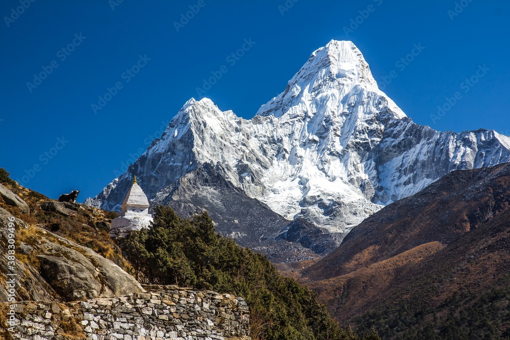 Beautiful Ama Dablam mountain (6812m) covered with snow and  Buddhistic white stupa with eyes is on the left. Himalaya, Nepal.