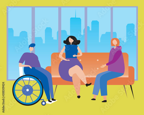 Inclusiveness and friendship as communication, friendship concept, flat vector stock illustration with disabled person in wheelchair and friends