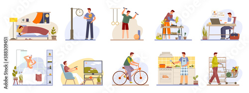 Man daily routine icons set day work and rest life schedule isolated vector illustration. Sleep, morning, work and meal, sport and leisure. Businessman everyday lifestyle, routine during day time.