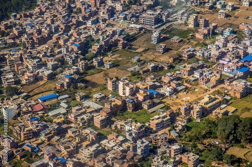 Aerial view of Kathmandu district, many small poor houses partly destroyed by the earthquake in 2015. Nepal. © Алексей Мараховец