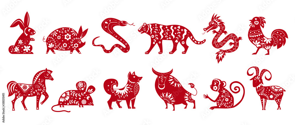 Fototapeta Symbole zwierząt chińskiego zodiaku na białym tle na biały zestaw ilustracji wektorowych. Horoskop znaki sylwetka z etnicznym ornamentem. Kolekcja zwierząt chińskiego kalendarza, astrologiczne ikony.