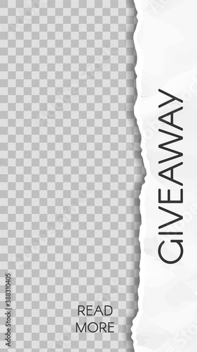 Torn paper story. Paper scraps giveaway social media story template. Give away media social story for mobile app design, vector illustration