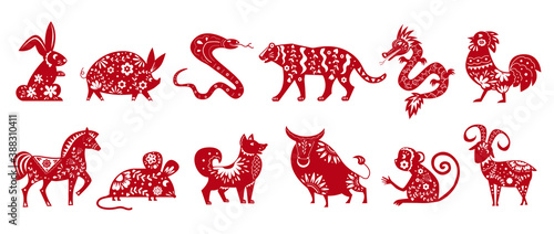 Chinese zodiac animal symbols isolated on white set of vector illustrations. Horoscope signs silhouette with ethnic ornament. Collection of chinese calendar animals, astrological icons.