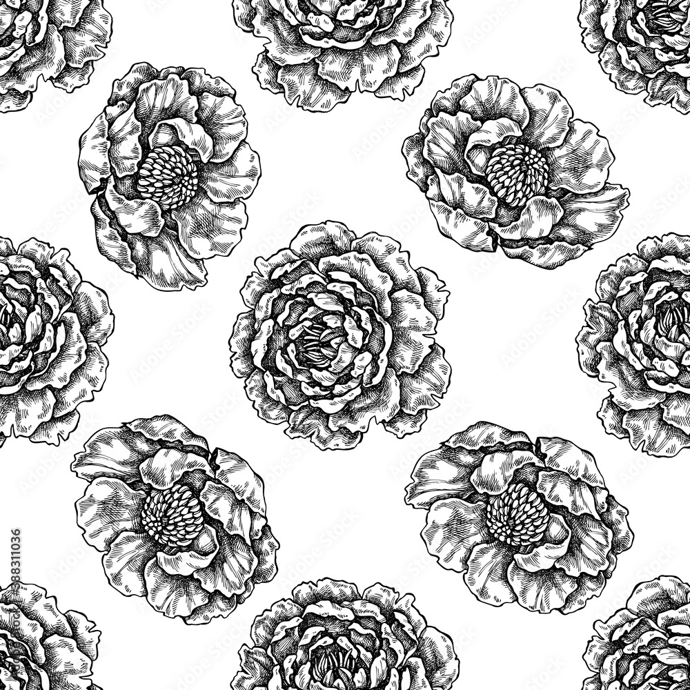 Seamless pattern with black and white peony Seamless pattern with black and white peony