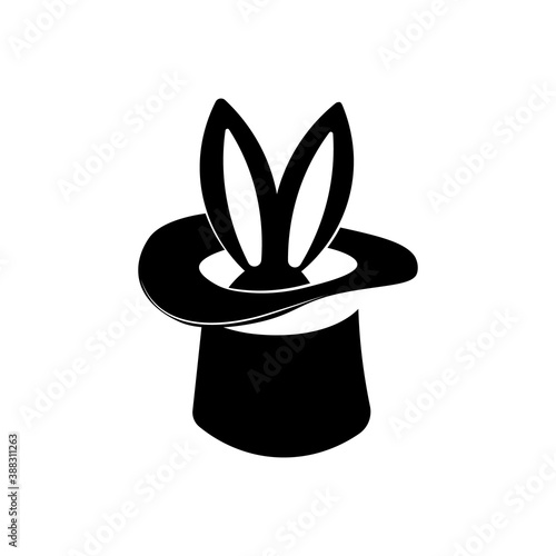 Rabbit in magic hat surprise, black vector Illustration.