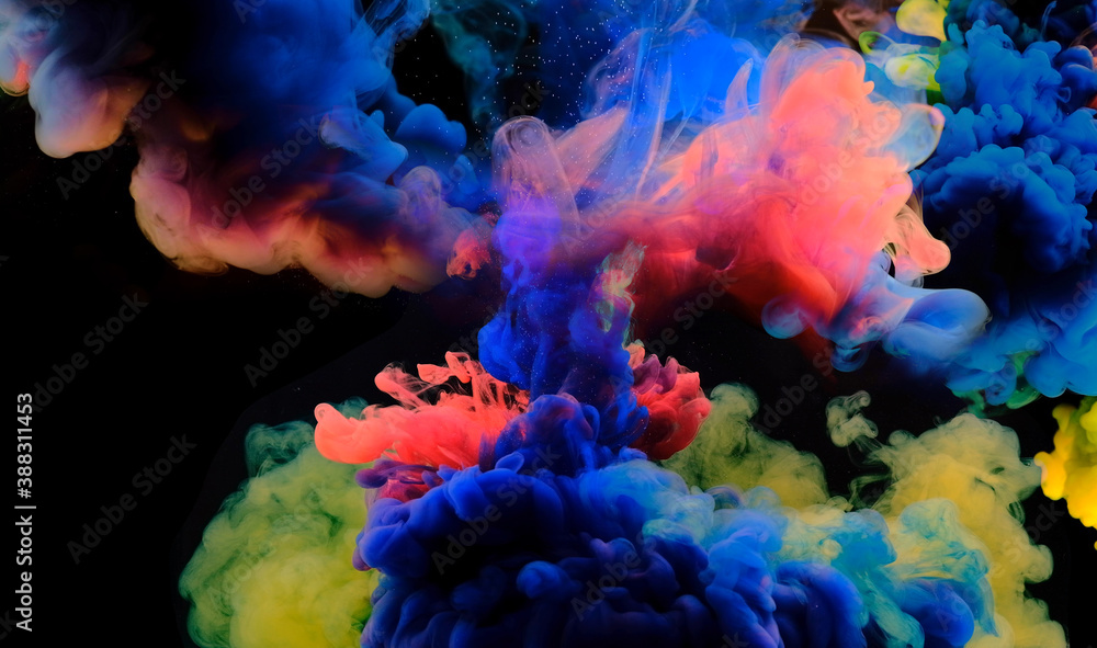 Fototapeta premium Color drops in water , abstract color mix , drop of ink color mix paint falling on background,