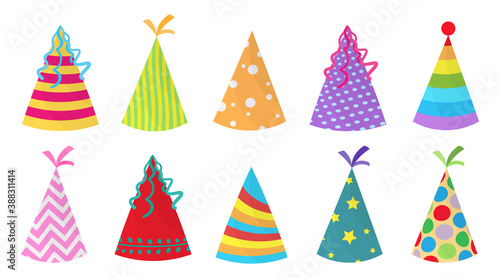 Cartoon set of colorful birthday caps for celebration design. Party hat set isolated on a white background.