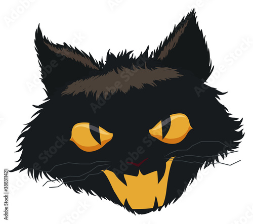 Isolated Black Cat Head with Fierce Gesture, Vector Illustration